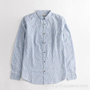 Anti-wrinkle Light Blue Long Sleeve Floral Printed Shirt